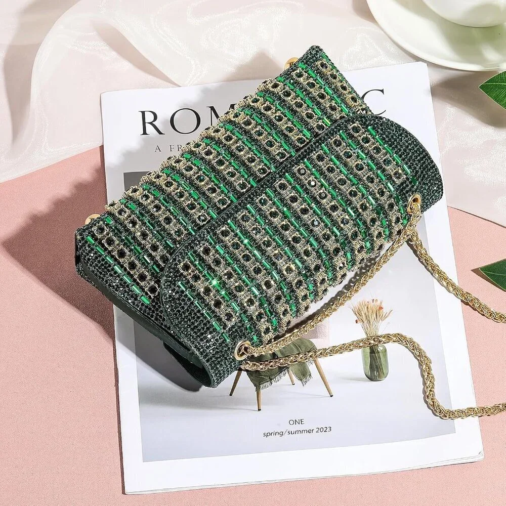 Green Crystal Evening Bag Clutch Purse Crossbody Wedding Party Elegant